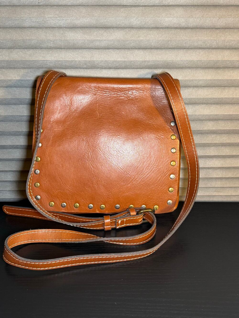 Patricia Nash Italian Leather Studded Flap Crossbody Bag Cognac Brown Organizer